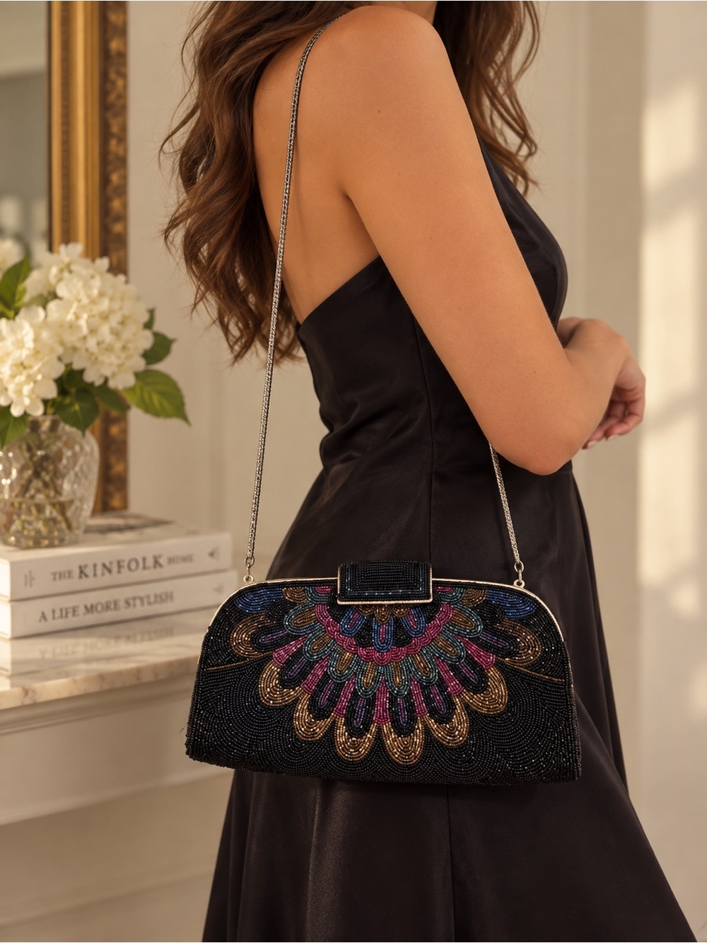 Vintage Black Beaded Evening Clutch Purse – Multicolor Art Deco Style